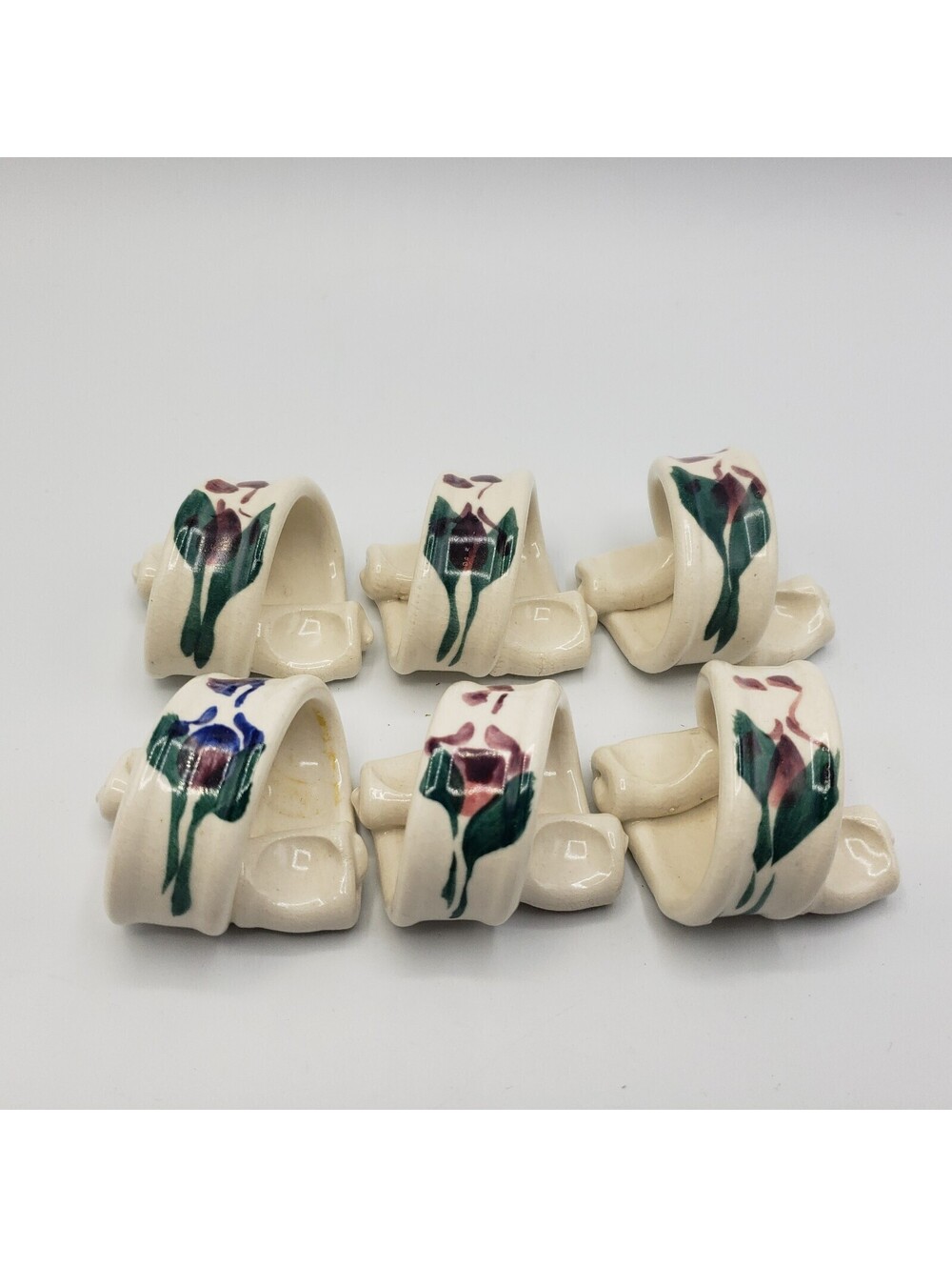 Art Pottery Napkin Rings Set of 6 White Purple Flower Hand Made Artisan